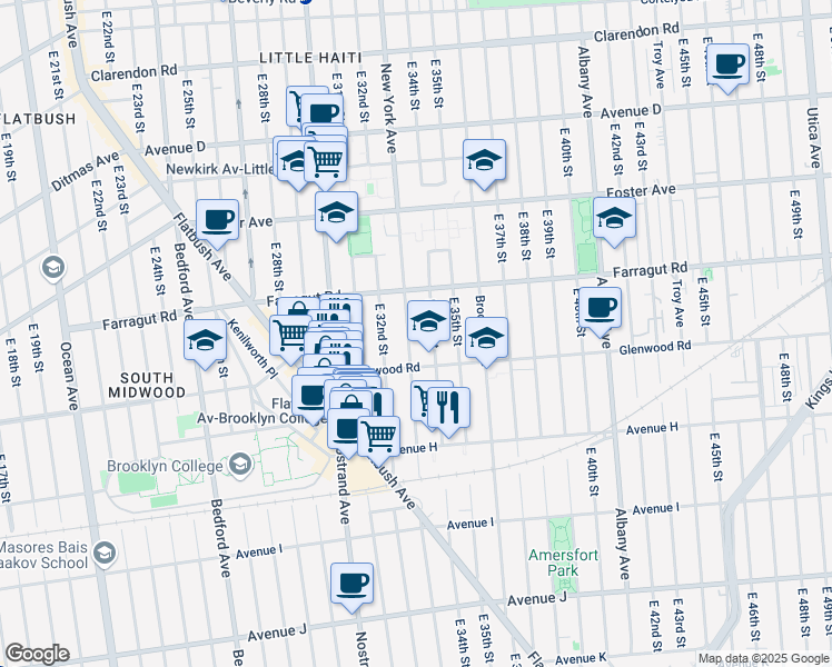 map of restaurants, bars, coffee shops, grocery stores, and more near 871 East 34th Street in Brooklyn