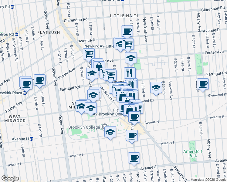 map of restaurants, bars, coffee shops, grocery stores, and more near 1466 Flatbush Avenue in Brooklyn