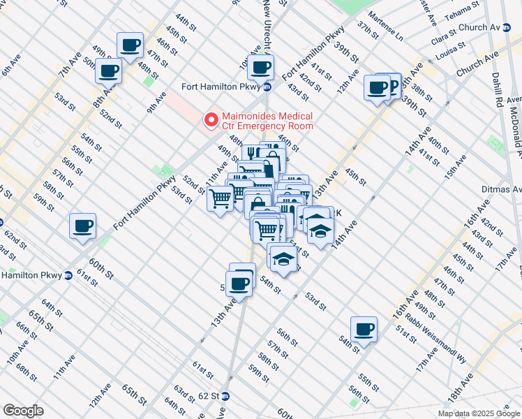 map of restaurants, bars, coffee shops, grocery stores, and more near 1210 51st Street in Brooklyn