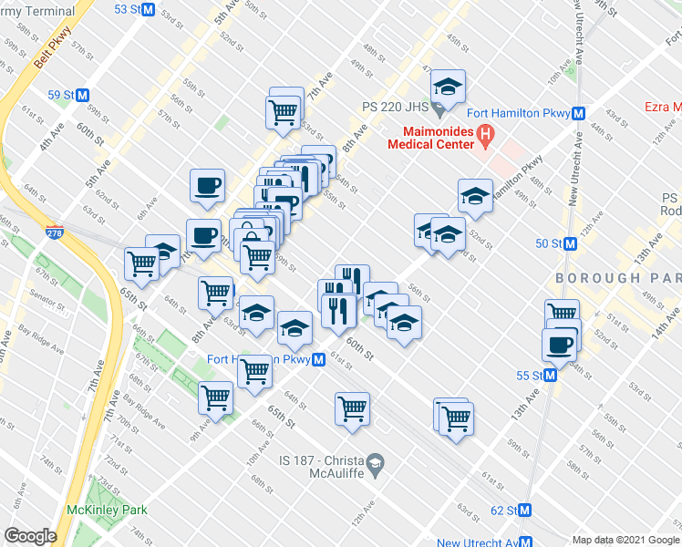 map of restaurants, bars, coffee shops, grocery stores, and more near 923 58th Street in Brooklyn