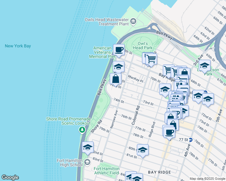 map of restaurants, bars, coffee shops, grocery stores, and more near 7243 Shore Road in Brooklyn