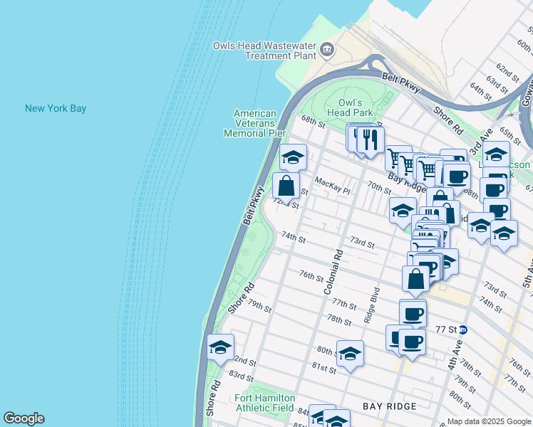 map of restaurants, bars, coffee shops, grocery stores, and more near 7243 Shore Road in Brooklyn