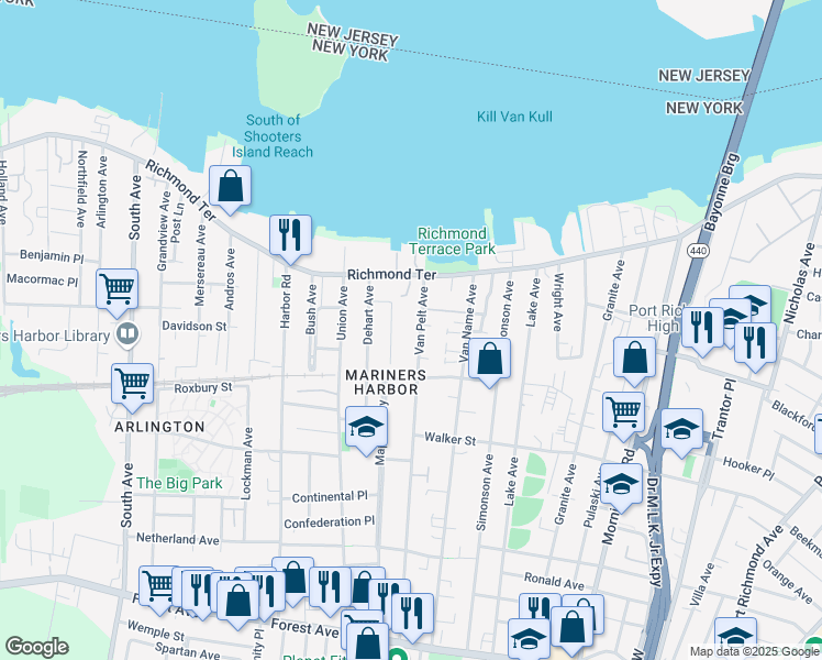 map of restaurants, bars, coffee shops, grocery stores, and more near 68 Van Pelt Avenue in Staten Island
