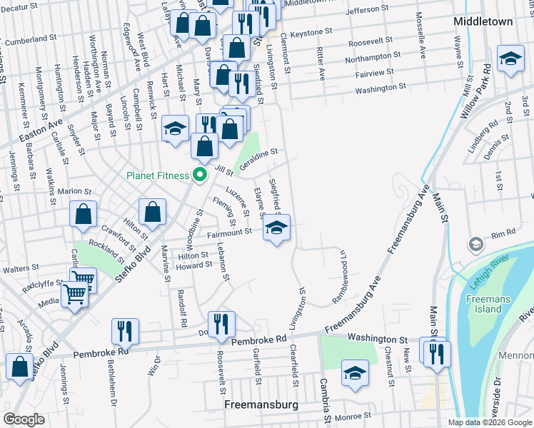 map of restaurants, bars, coffee shops, grocery stores, and more near 1515 Siegfried Street in Bethlehem