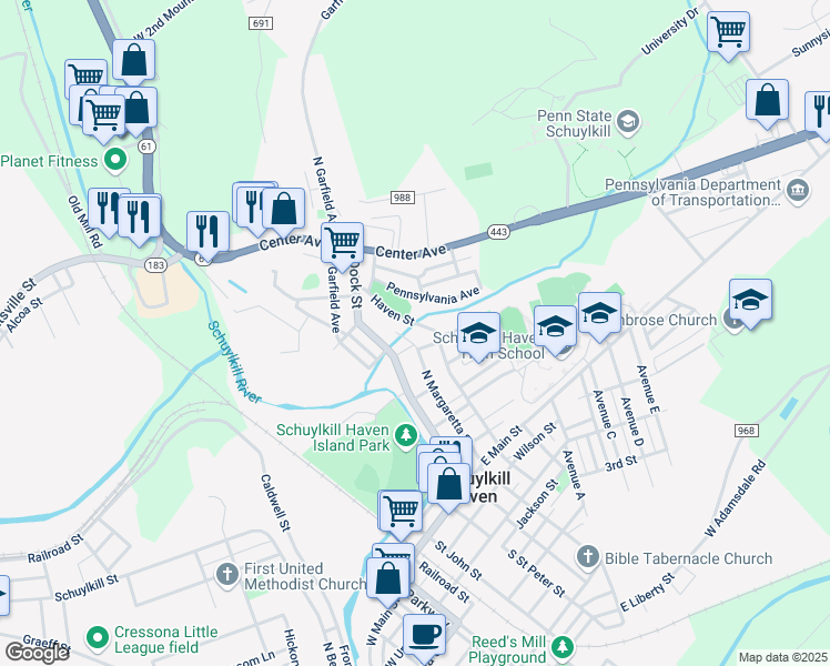 map of restaurants, bars, coffee shops, grocery stores, and more near 261 Haven Street in Schuylkill Haven