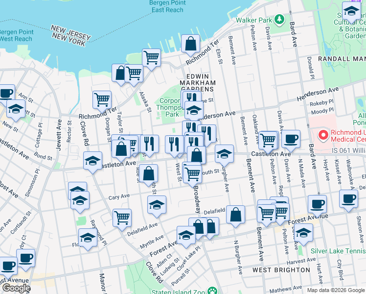 map of restaurants, bars, coffee shops, grocery stores, and more near 244 Broadway in Staten Island