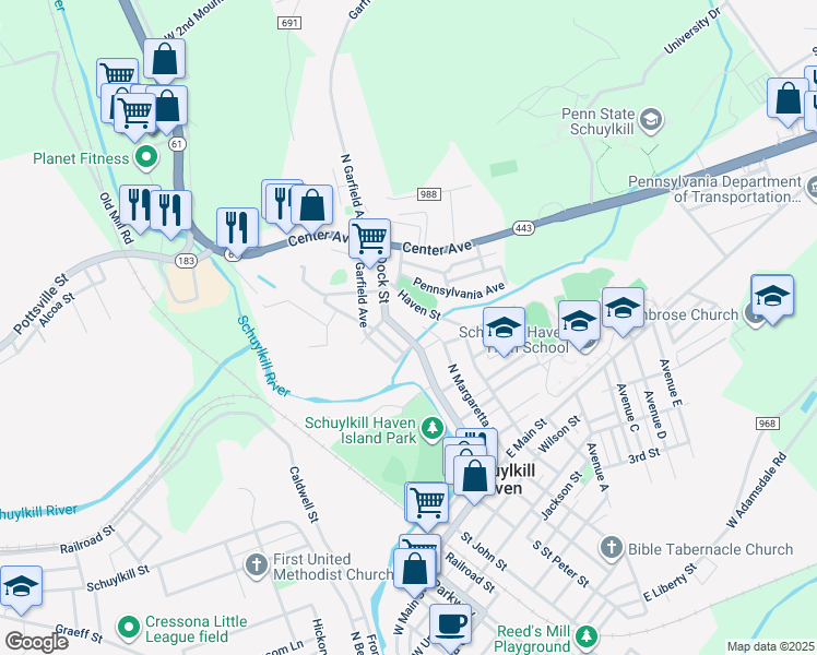 map of restaurants, bars, coffee shops, grocery stores, and more near 314 Dock Street in Schuylkill Haven