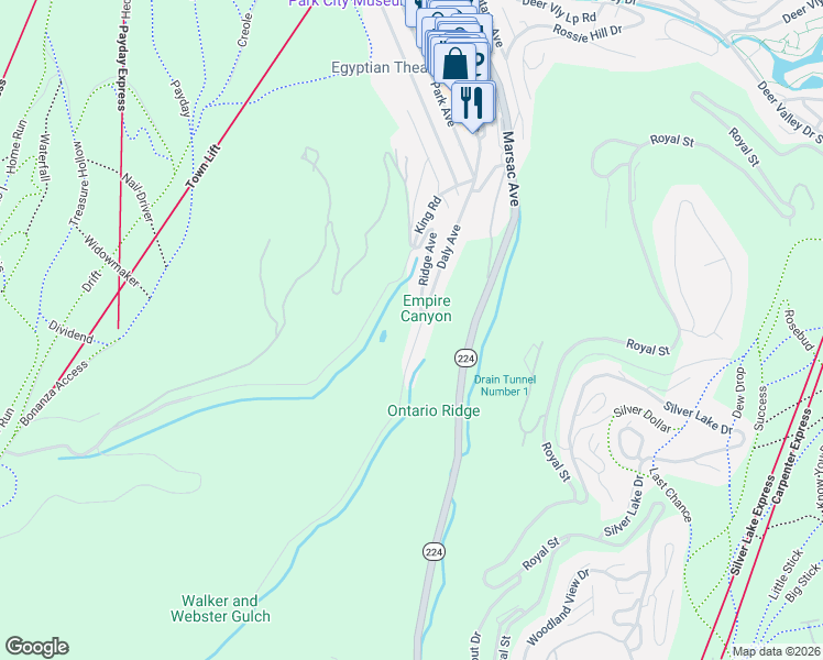 map of restaurants, bars, coffee shops, grocery stores, and more near 279 Daly Avenue in Park City
