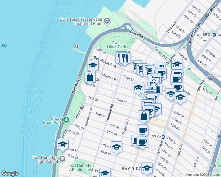 map of restaurants, bars, coffee shops, grocery stores, and more near 7124 Colonial Road in Brooklyn