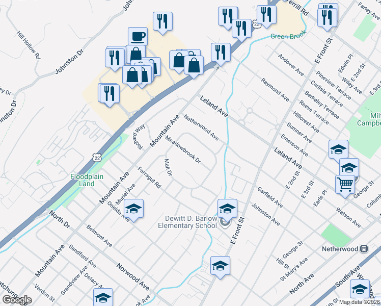map of restaurants, bars, coffee shops, grocery stores, and more near 157 Meadowbrook Drive in North Plainfield