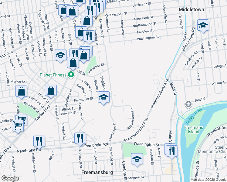 map of restaurants, bars, coffee shops, grocery stores, and more near 1510 Livingston Street in Bethlehem