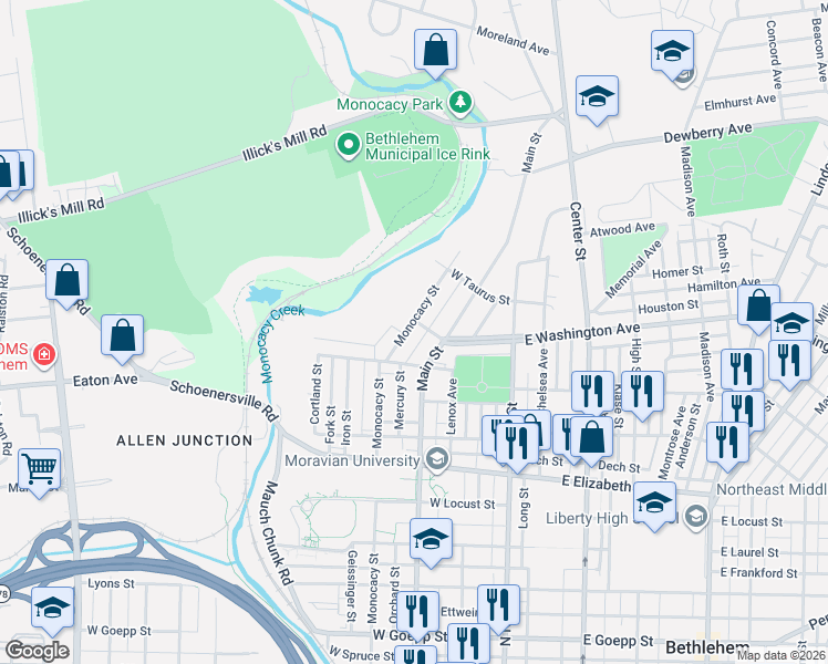 map of restaurants, bars, coffee shops, grocery stores, and more near 1529 Monocacy Street in Bethlehem