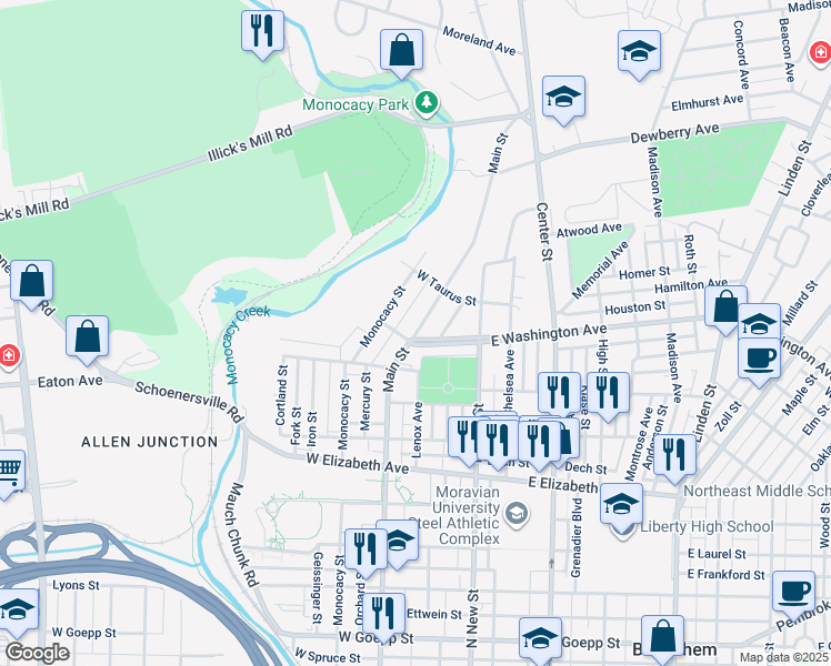 map of restaurants, bars, coffee shops, grocery stores, and more near Main Street in Bethlehem
