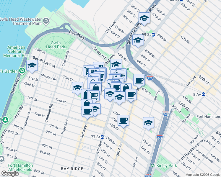 map of restaurants, bars, coffee shops, grocery stores, and more near 342 Bay Ridge Avenue in Brooklyn