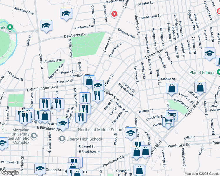 map of restaurants, bars, coffee shops, grocery stores, and more near 1609 Easton Avenue in Bethlehem