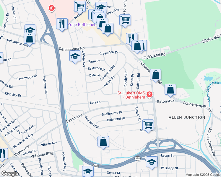 map of restaurants, bars, coffee shops, grocery stores, and more near 1519 Westwood Drive in Bethlehem