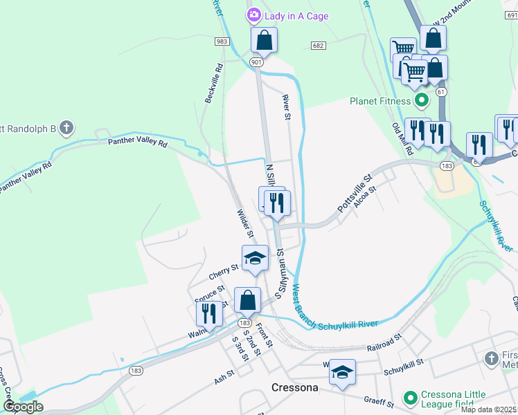 map of restaurants, bars, coffee shops, grocery stores, and more near 72 Grove Street in Cressona