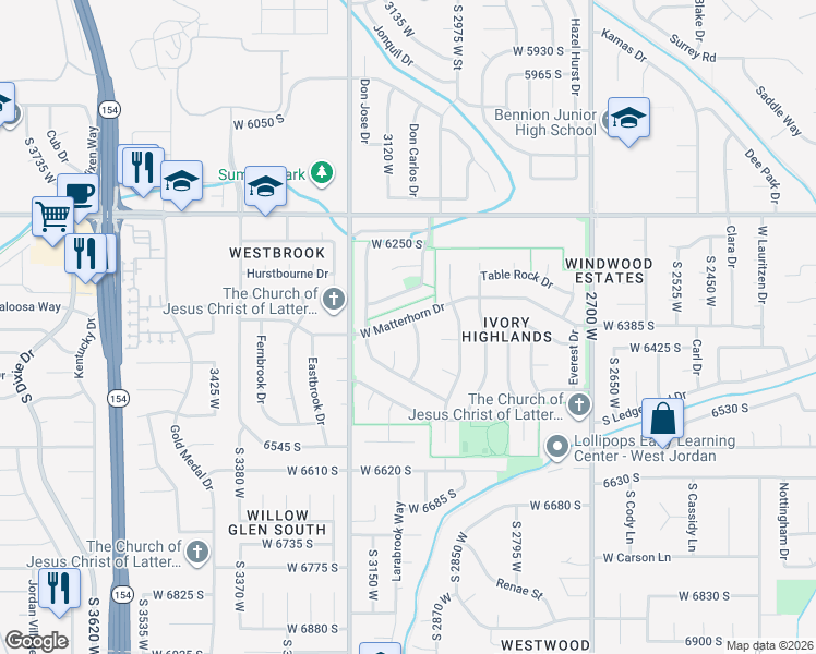 map of restaurants, bars, coffee shops, grocery stores, and more near 6382 Uintah Peak Drive in Taylorsville