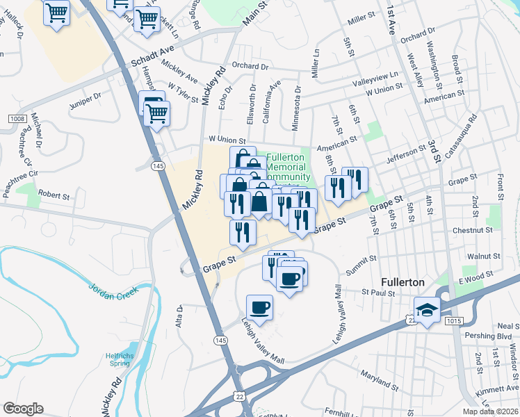 map of restaurants, bars, coffee shops, grocery stores, and more near Whitehall Mall in Fullerton
