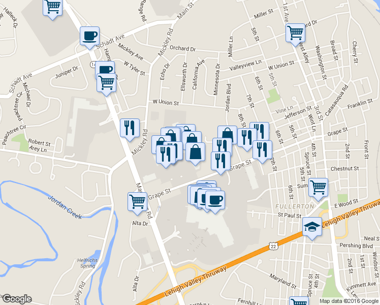 map of restaurants, bars, coffee shops, grocery stores, and more near Whitehall Mall in Whitehall