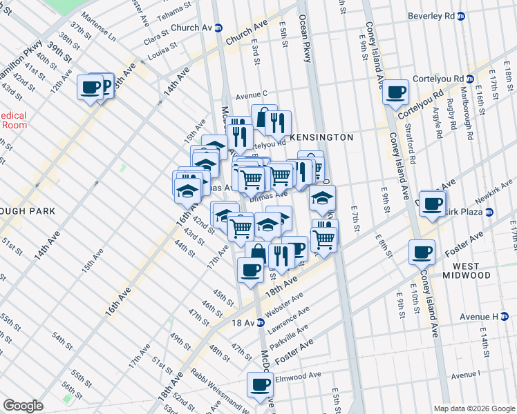 map of restaurants, bars, coffee shops, grocery stores, and more near 640 East 2nd Street in Brooklyn