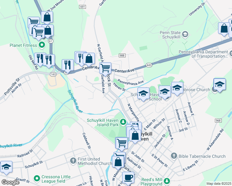 map of restaurants, bars, coffee shops, grocery stores, and more near 314 Dock Street in Schuylkill Haven