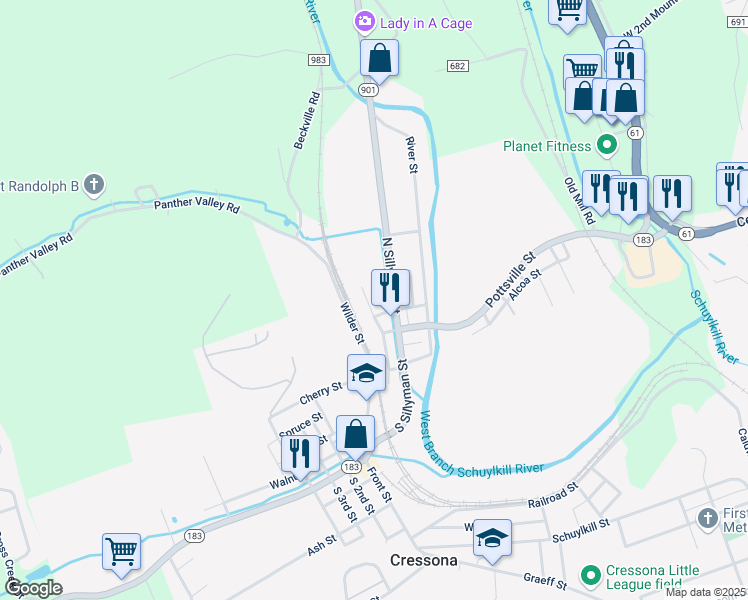 map of restaurants, bars, coffee shops, grocery stores, and more near 72 Grove Street in Cressona