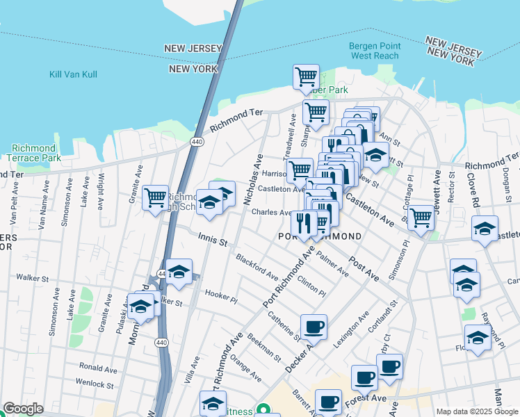 map of restaurants, bars, coffee shops, grocery stores, and more near 226 Charles Avenue in Staten Island