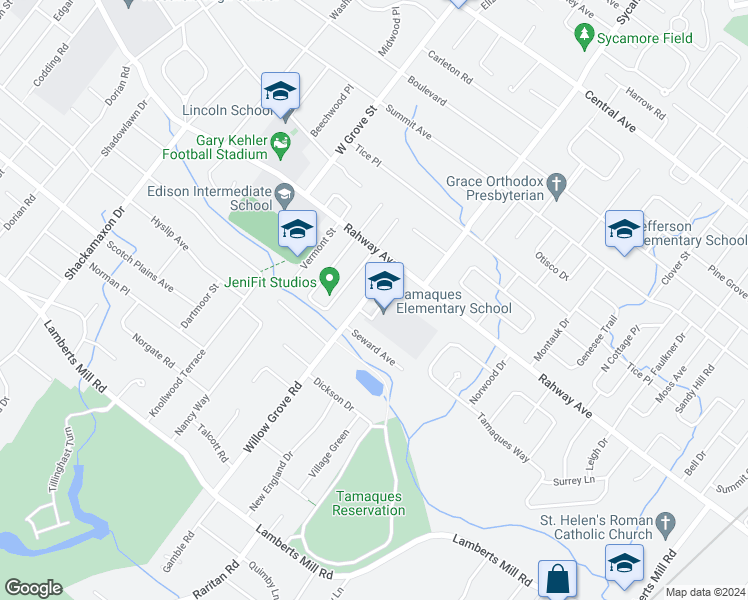 map of restaurants, bars, coffee shops, grocery stores, and more near 645 Willow Grove Road in Westfield