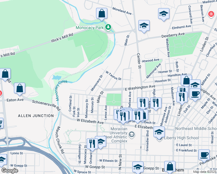 map of restaurants, bars, coffee shops, grocery stores, and more near 1620 Main St in Bethlehem