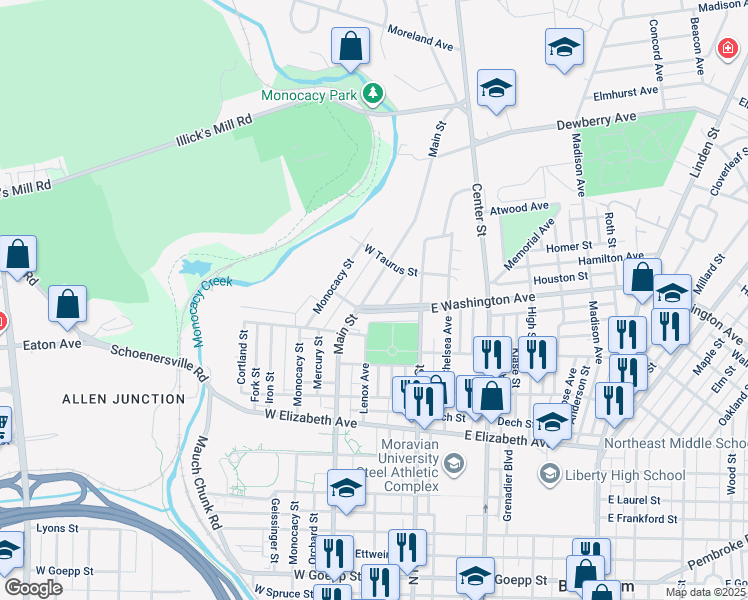 map of restaurants, bars, coffee shops, grocery stores, and more near 1620 Main St in Bethlehem