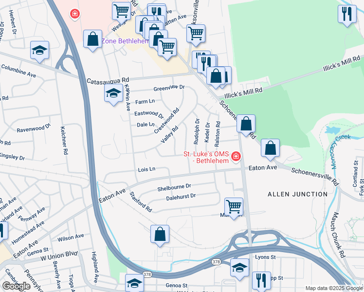 map of restaurants, bars, coffee shops, grocery stores, and more near 1506 Primrose Lane in Bethlehem