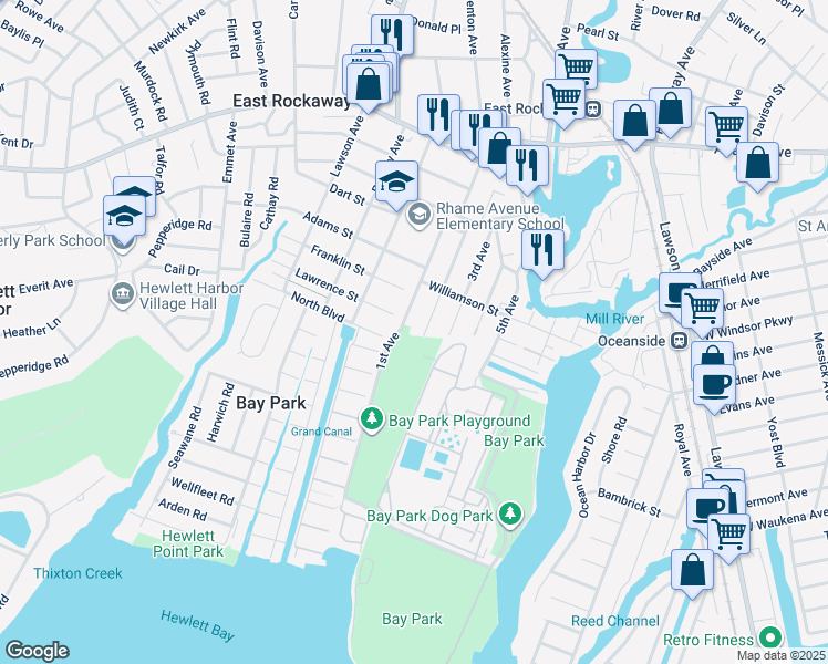 map of restaurants, bars, coffee shops, grocery stores, and more near 104 2nd Avenue in East Rockaway