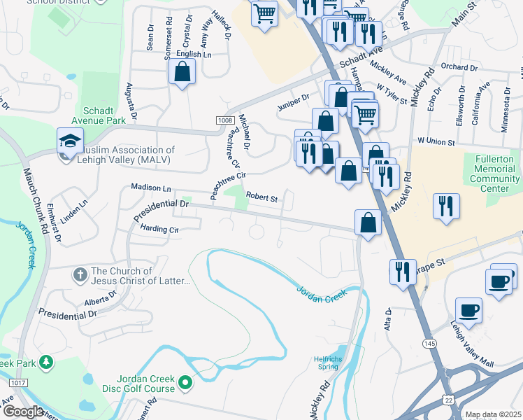 map of restaurants, bars, coffee shops, grocery stores, and more near 1416 Presidential Drive in Fullerton