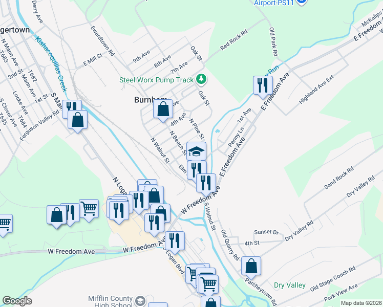 map of restaurants, bars, coffee shops, grocery stores, and more near in Burnham