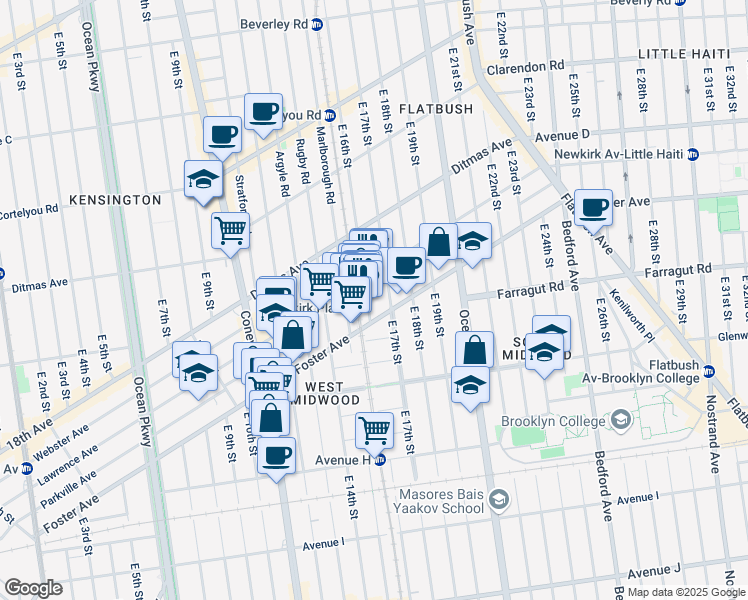 map of restaurants, bars, coffee shops, grocery stores, and more near 613 East 16th Street in Brooklyn
