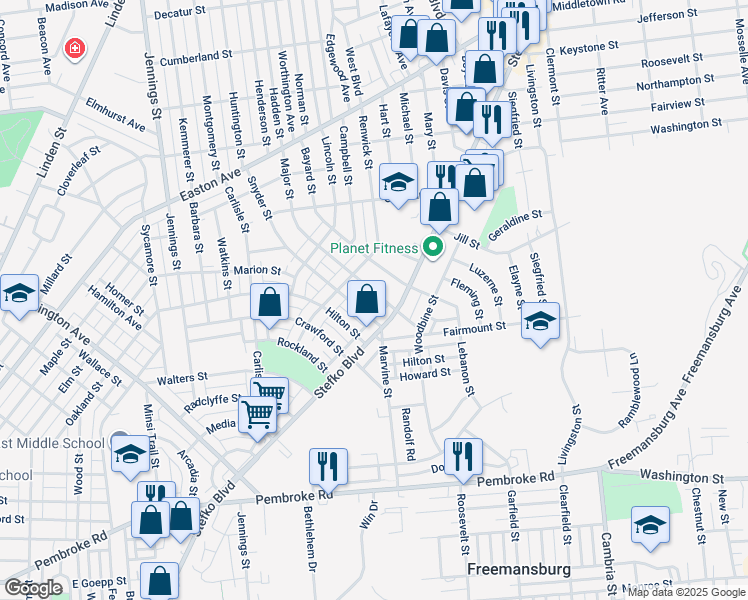 map of restaurants, bars, coffee shops, grocery stores, and more near 1629 Major Street in Bethlehem
