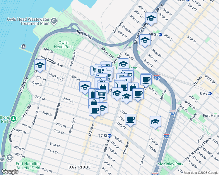 map of restaurants, bars, coffee shops, grocery stores, and more near 342 Bay Ridge Avenue in Brooklyn