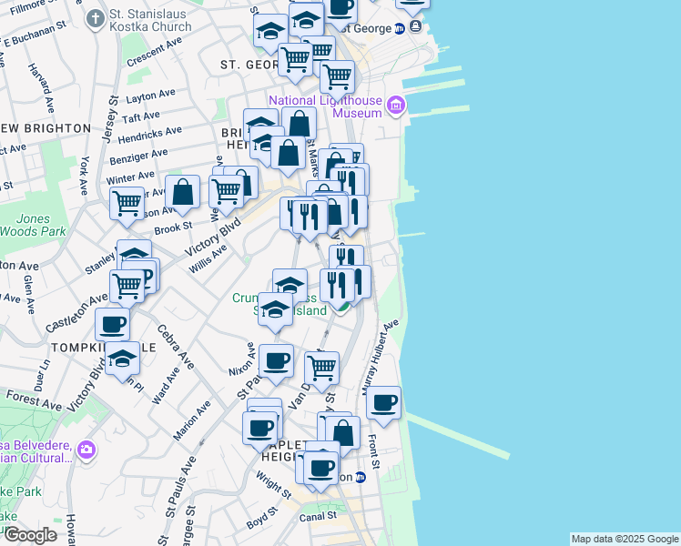 map of restaurants, bars, coffee shops, grocery stores, and more near 137 Van Duzer Street in Staten Island