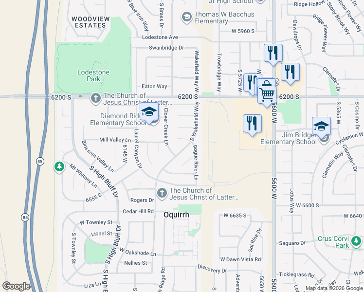 map of restaurants, bars, coffee shops, grocery stores, and more near 6388 South Wakefield Way in Salt Lake City