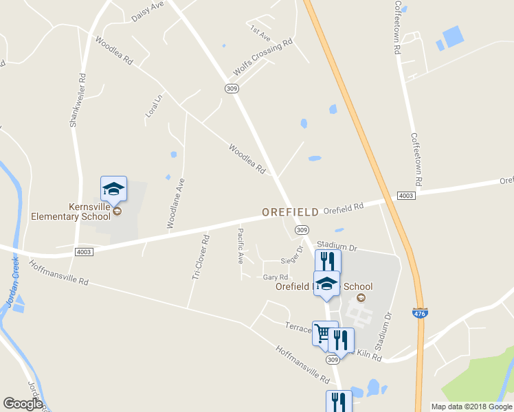 map of restaurants, bars, coffee shops, grocery stores, and more near 4635 Kernsville Road in Lehigh County