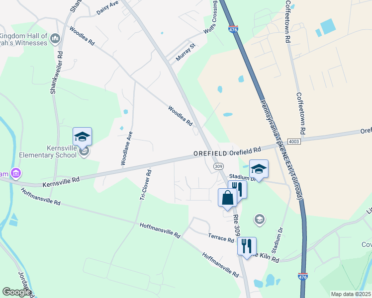 map of restaurants, bars, coffee shops, grocery stores, and more near 4635 Kernsville Road in Lehigh County