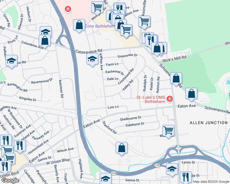 map of restaurants, bars, coffee shops, grocery stores, and more near 1559 Valley Road in Bethlehem
