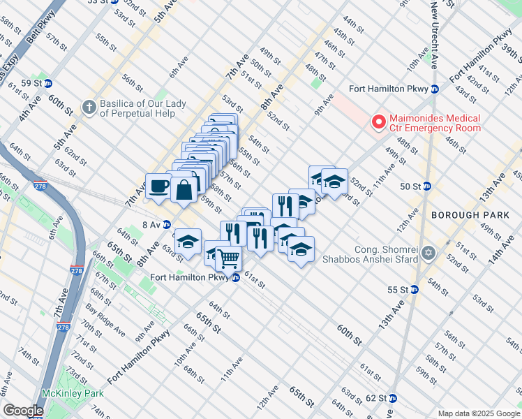 map of restaurants, bars, coffee shops, grocery stores, and more near 923 58th Street in Brooklyn