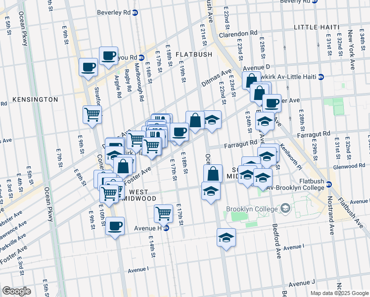 map of restaurants, bars, coffee shops, grocery stores, and more near 635 East 18th Street in Brooklyn