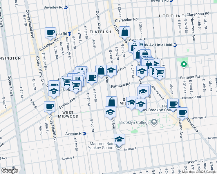 map of restaurants, bars, coffee shops, grocery stores, and more near Ocean Avenue & Farragut Road in Brooklyn