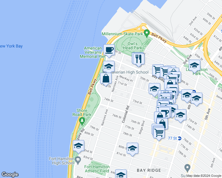 map of restaurants, bars, coffee shops, grocery stores, and more near 7208 Narrows Avenue in Brooklyn