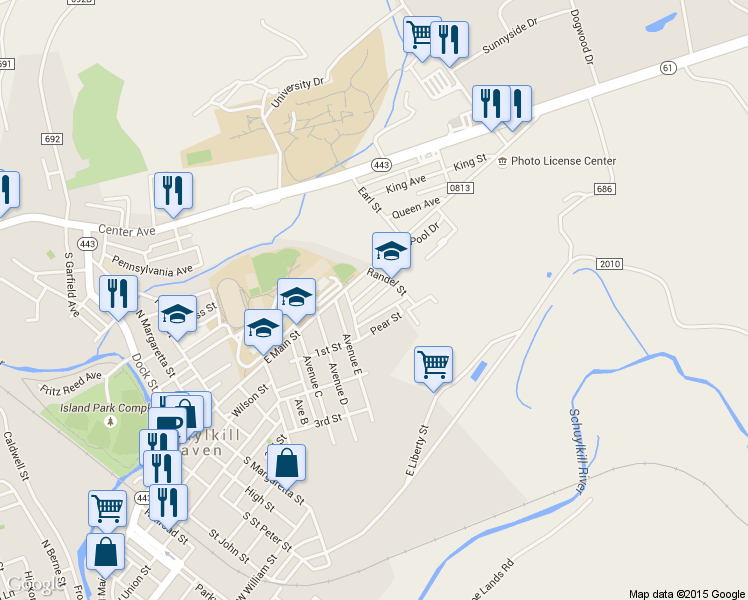 map of restaurants, bars, coffee shops, grocery stores, and more near 21 Hillcrest Drive in Schuylkill Haven