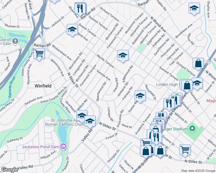 map of restaurants, bars, coffee shops, grocery stores, and more near 1919 Verona Avenue in Linden