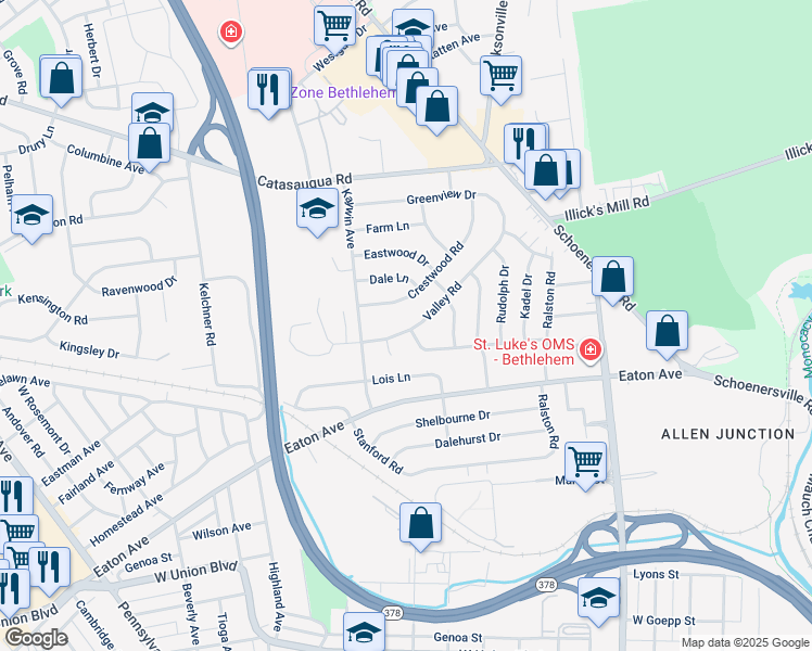 map of restaurants, bars, coffee shops, grocery stores, and more near 1554 Valley Road in Bethlehem